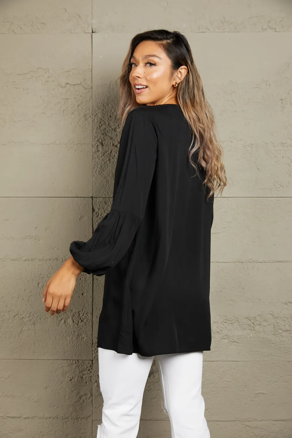Notched Neck Balloon Sleeve Shirt, image 2