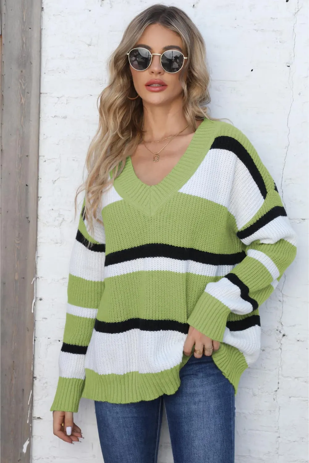 Color Block V-Neck Dropped Shoulder Sweater, image 13