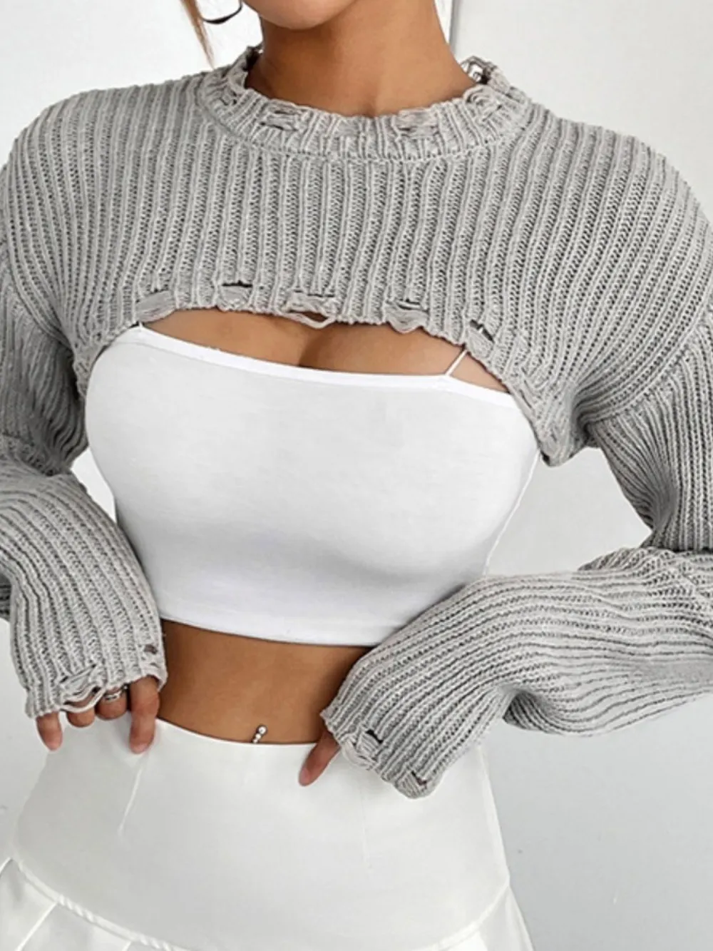 Distressed Long Sleeve Cropped Sweater, image 4