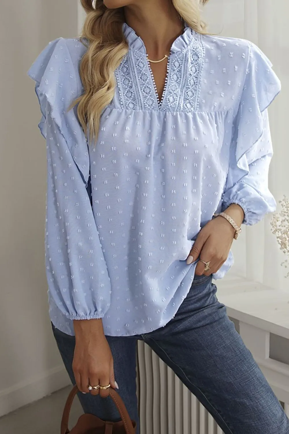 Swiss Dot Ruffled Long Sleeve Blouse, image 2
