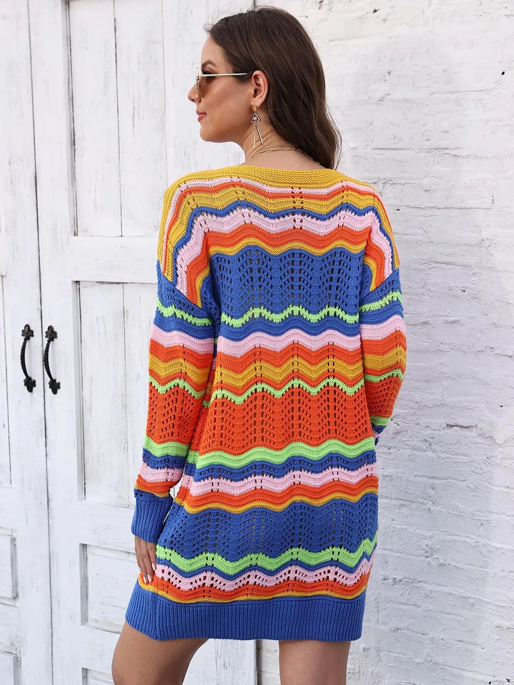 Openwork Round Neck Sweater Dress, image 6