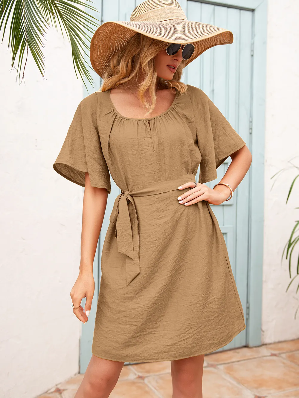Tie Waist Flutter Sleeve Mini Dress, image 5