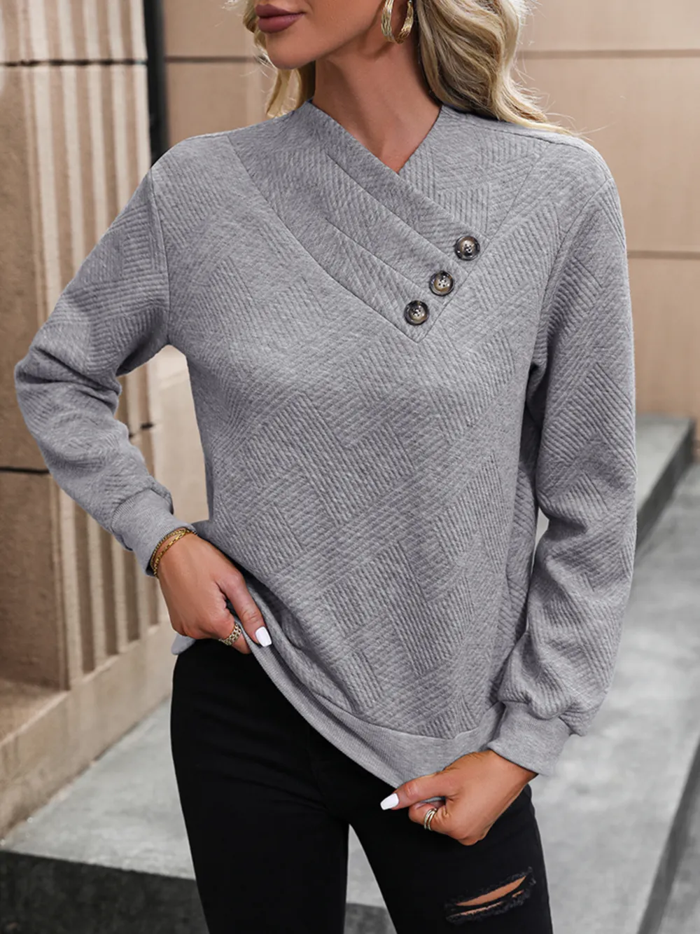 Asymmetrical Neck Long Sleeve Blouse, image 2
