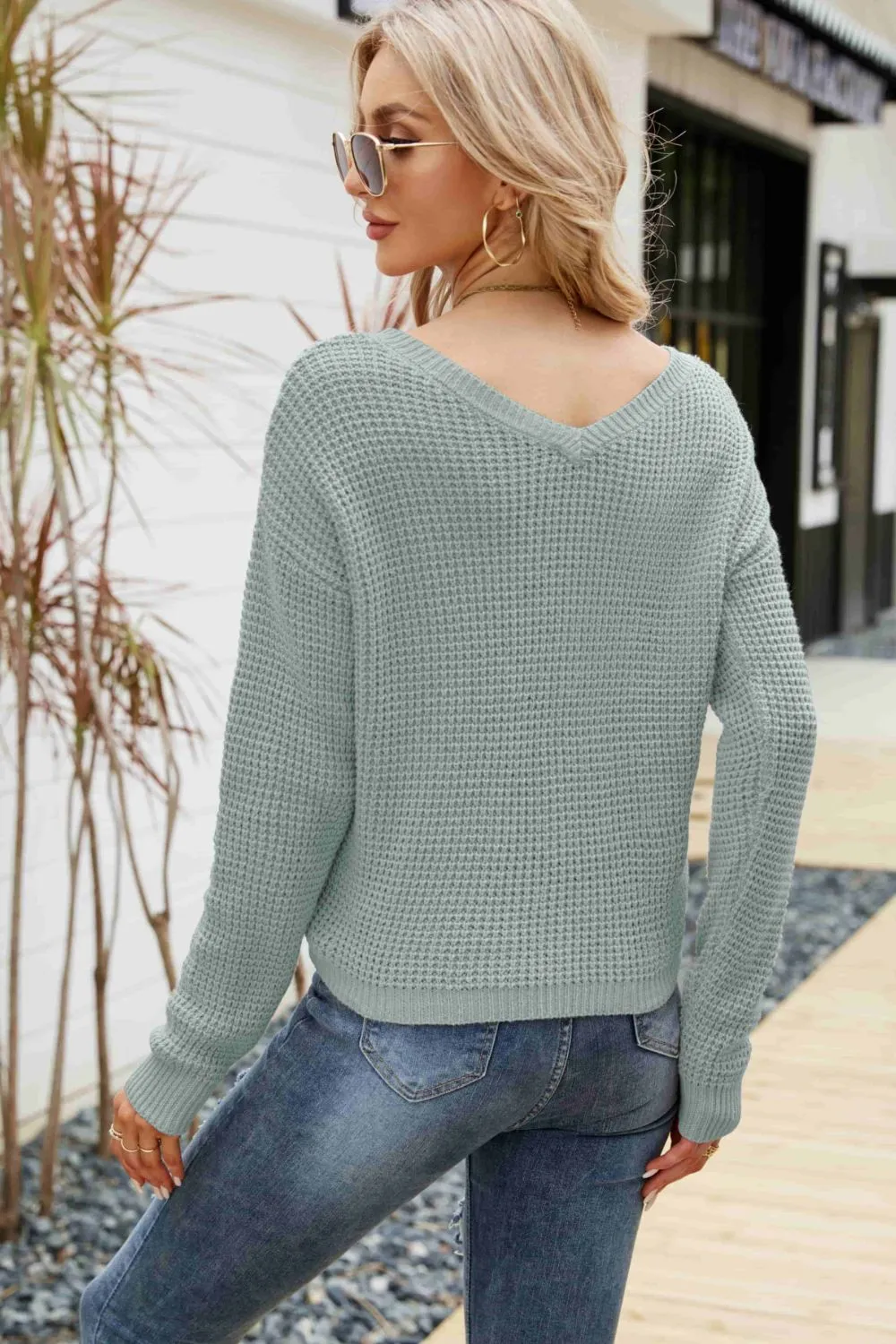 Waffle-Knit Drawstring Detail V-Neck Sweater, image 8