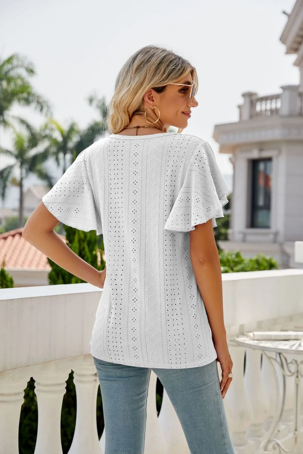 Eyelet Flutter Sleeve Round Neck Top, image 8