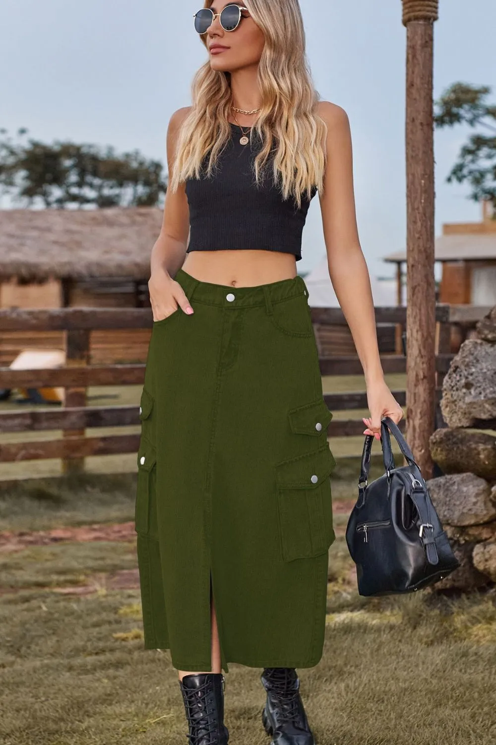 Slit Front Midi Denim Skirt with Pockets, image 4