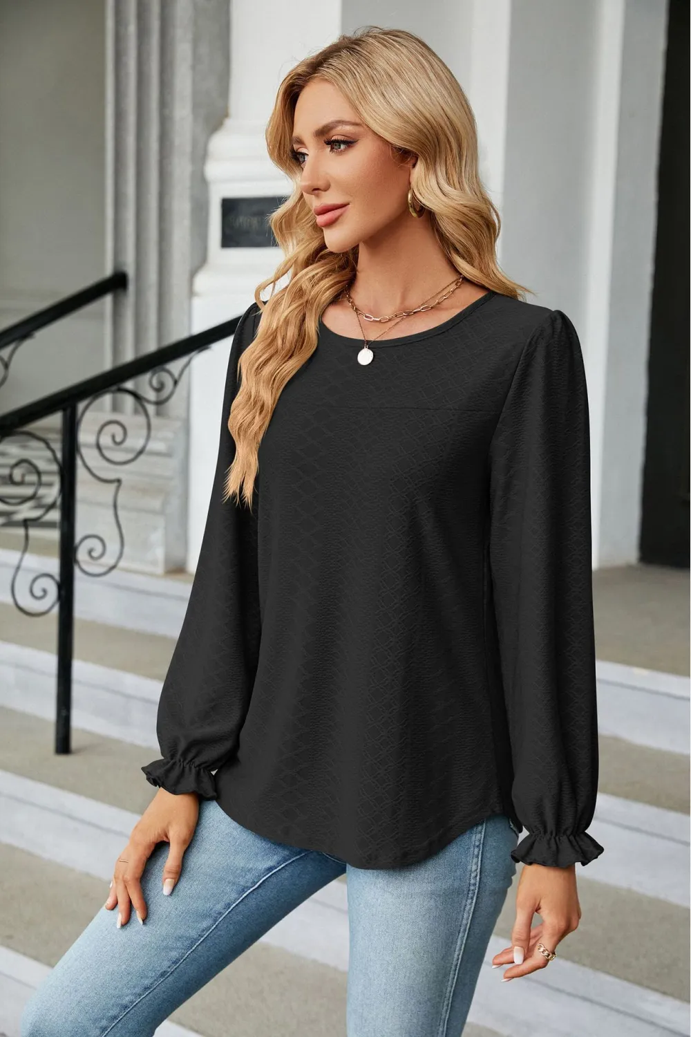 Round Neck Flounce Sleeve Blouse, image 8