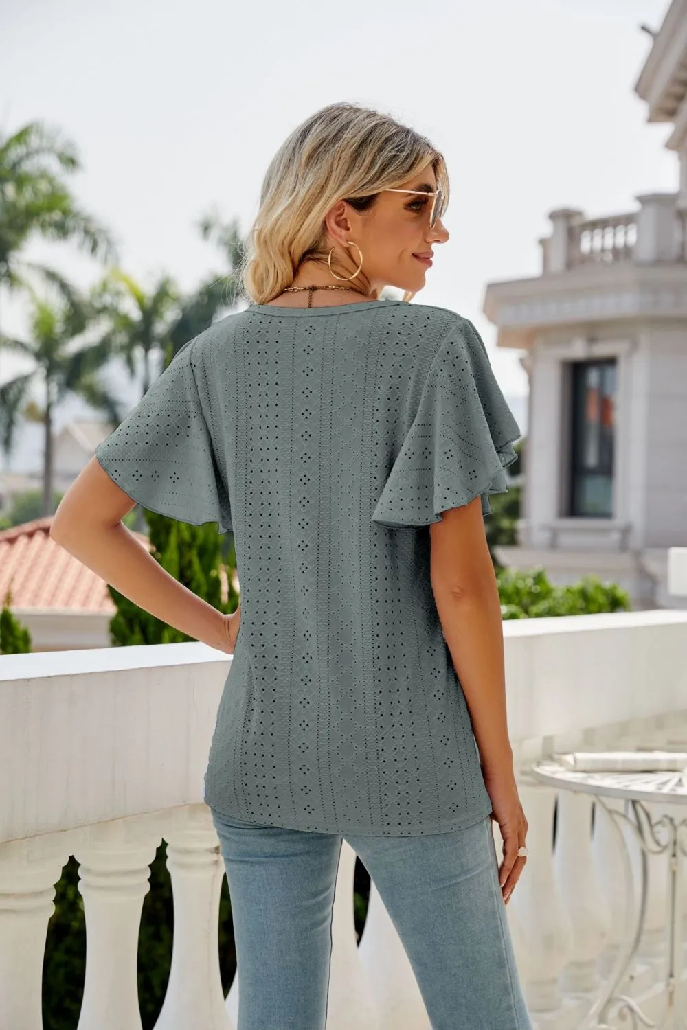 Eyelet Flutter Sleeve Round Neck Top, image 11