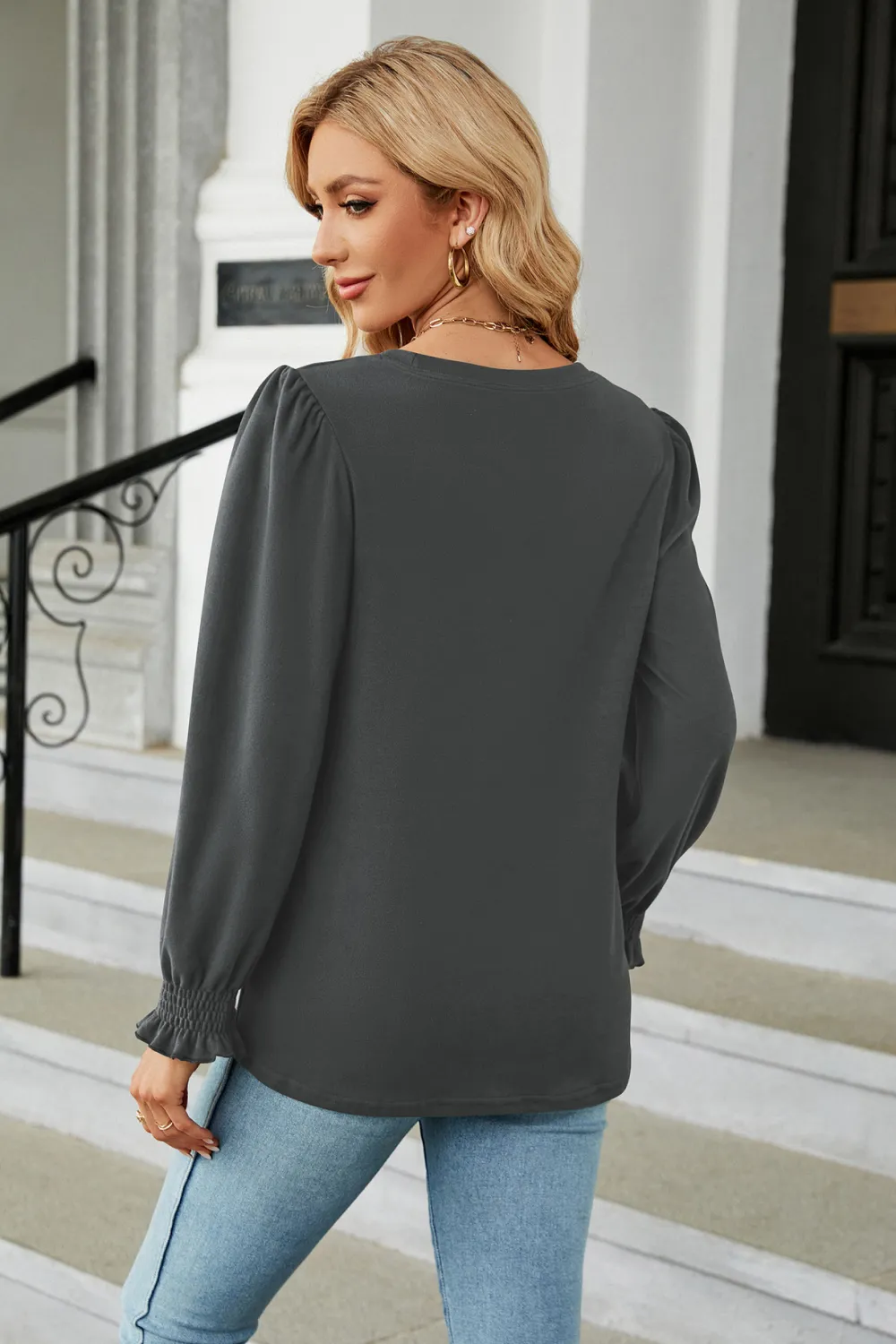 Round Neck Smocked Flounce Sleeve Blouse, image 2
