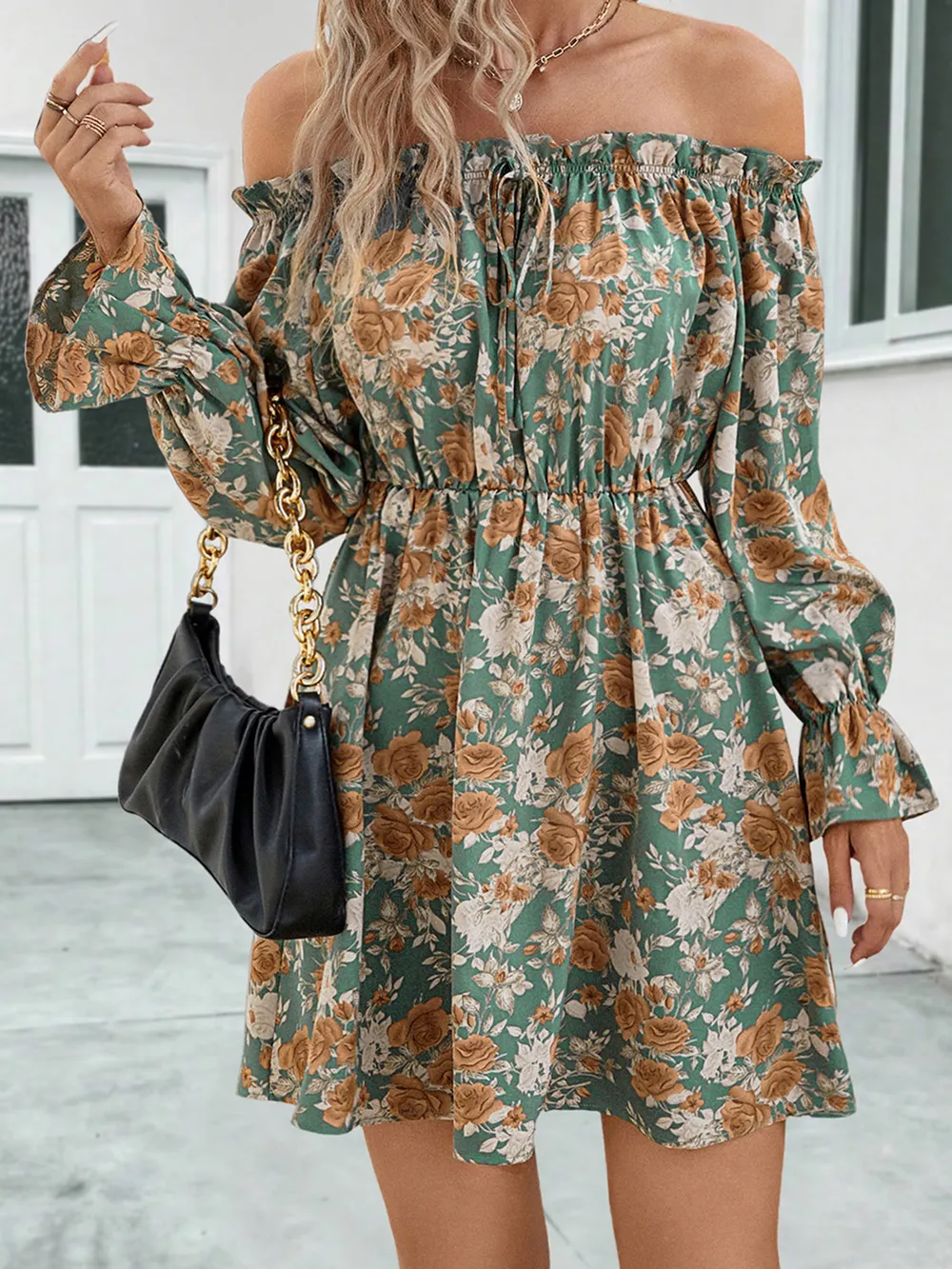 Floral Off-Shoulder Flounce Sleeve Dress, image 3