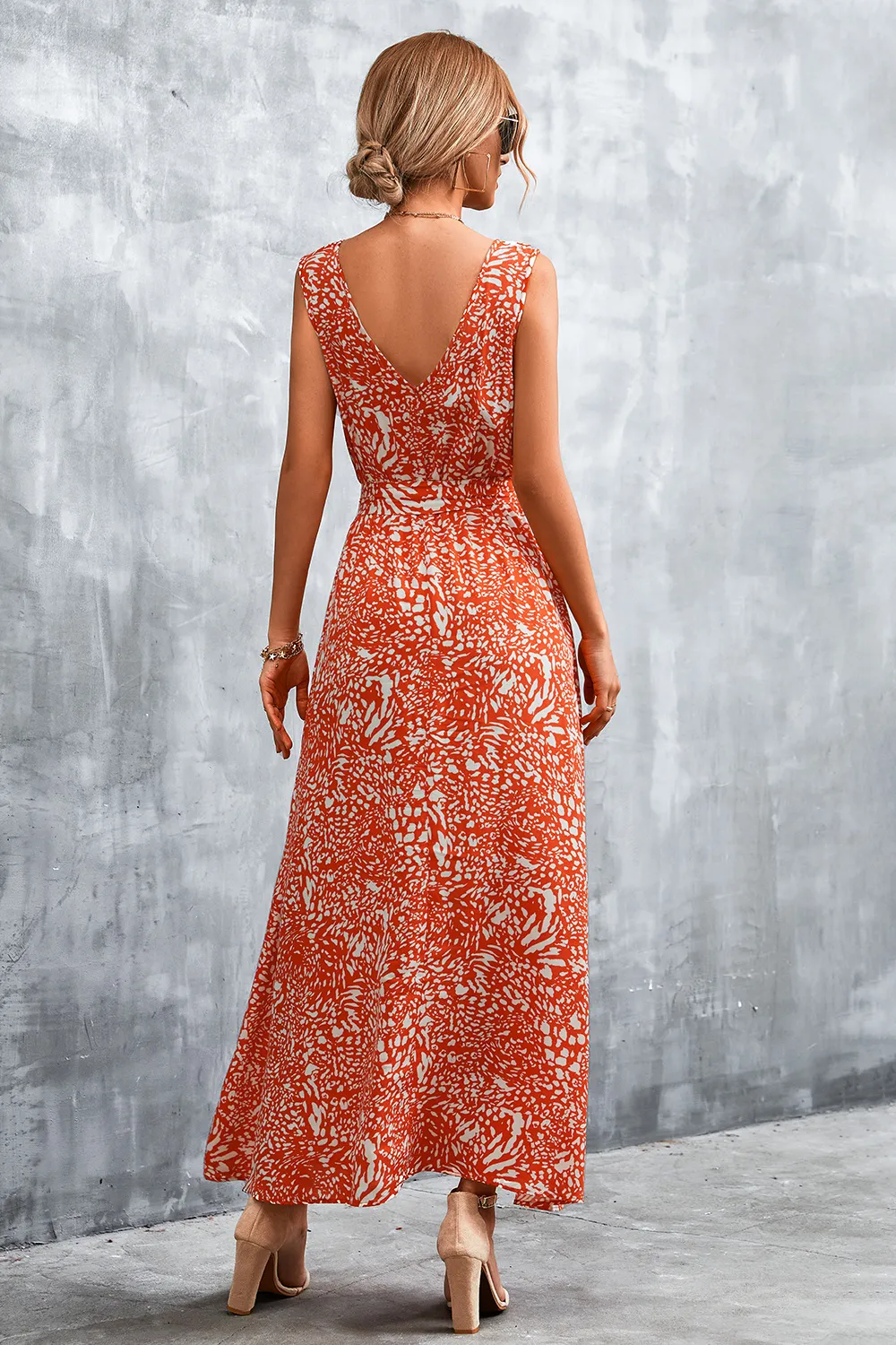 Printed V-Neck Tie Waist Maxi Dress, image 4