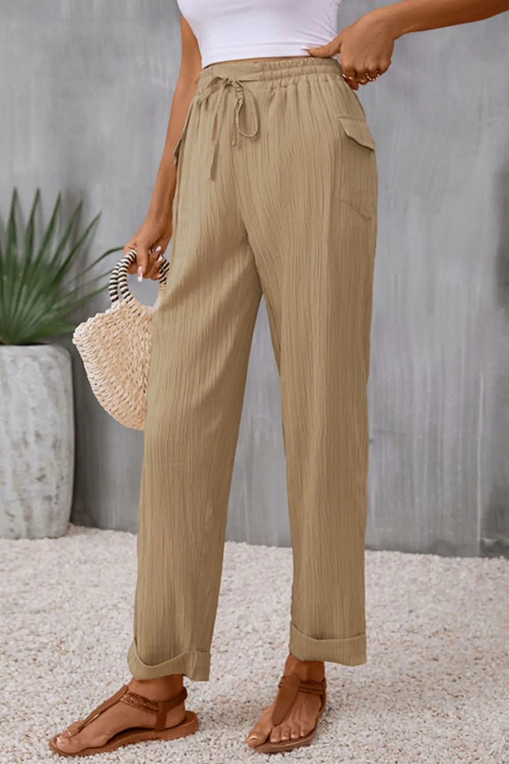 Tie Waist Pocketed Long Pants, image 2