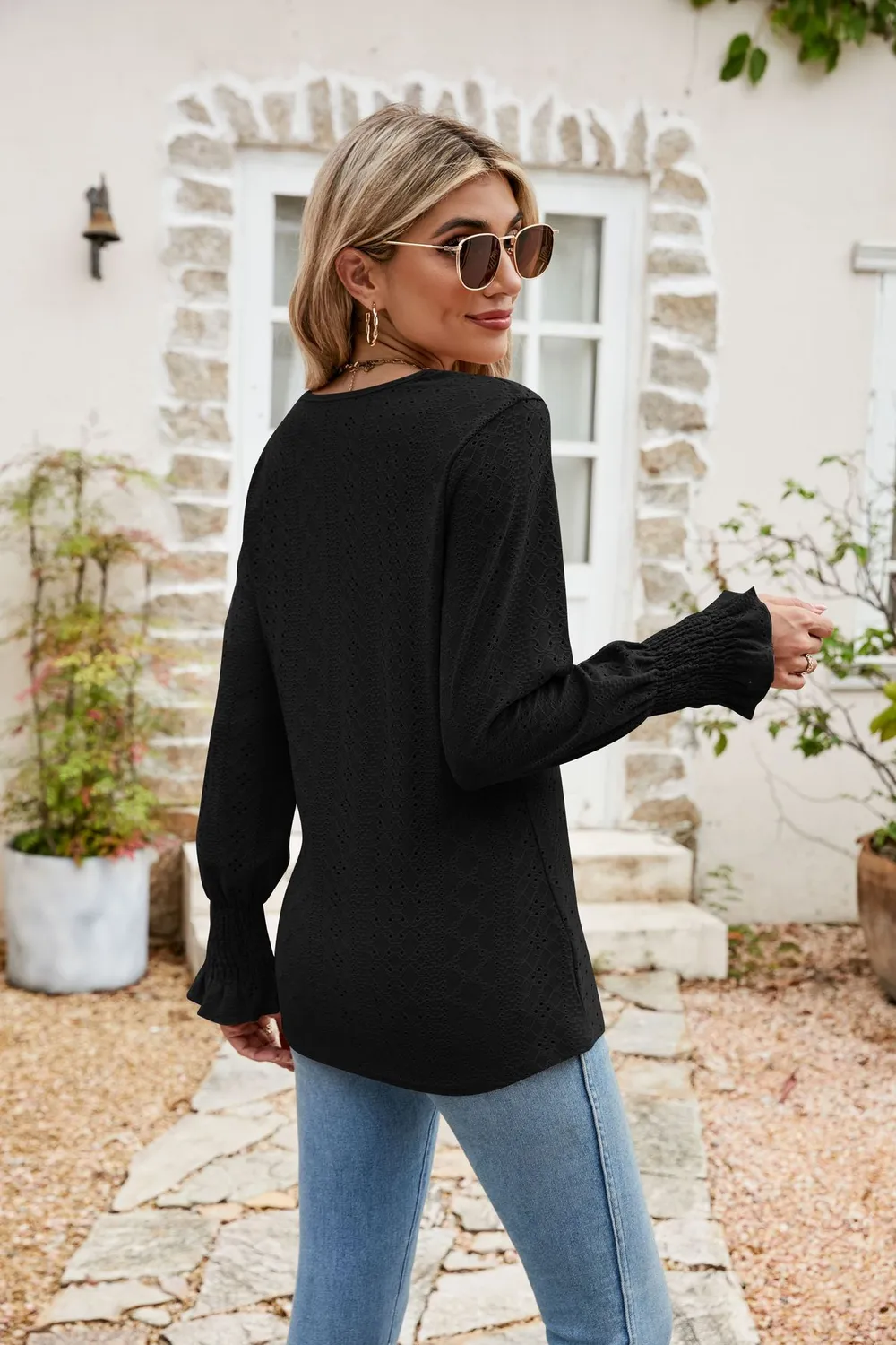Eyelet V-Neck Smocked Flounce Sleeve Blouse, image 16