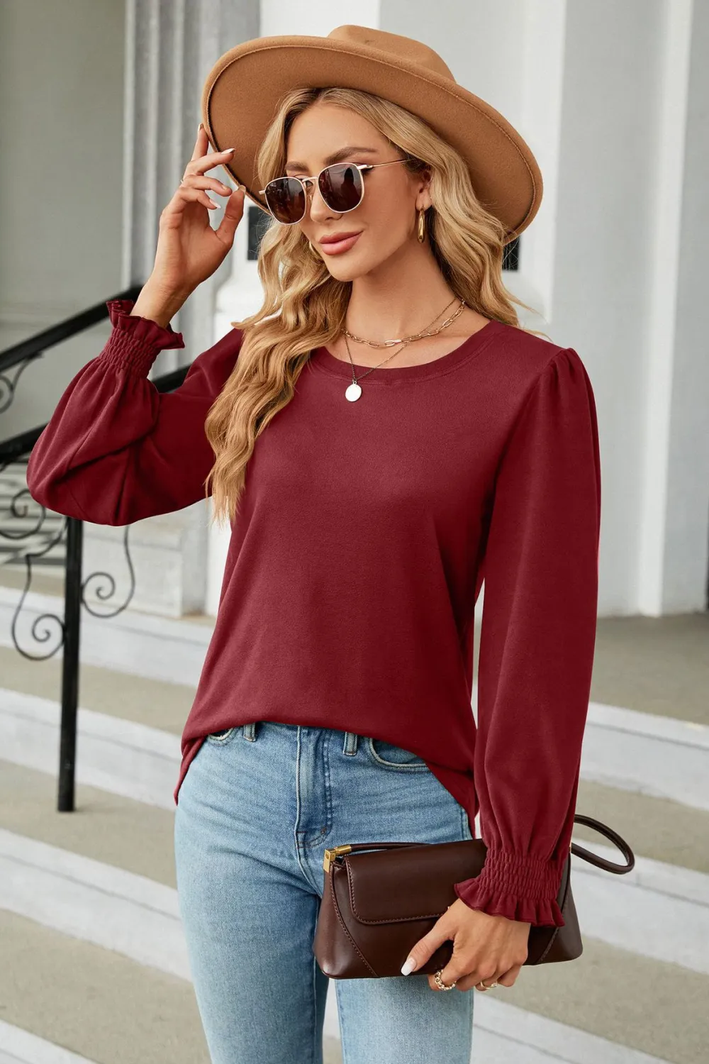 Round Neck Smocked Flounce Sleeve Blouse, image 3