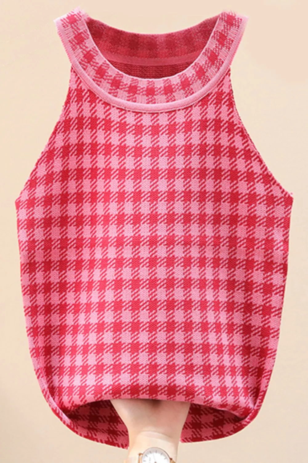 Plaid Round Neck Sleeveless Knit Top, image 4