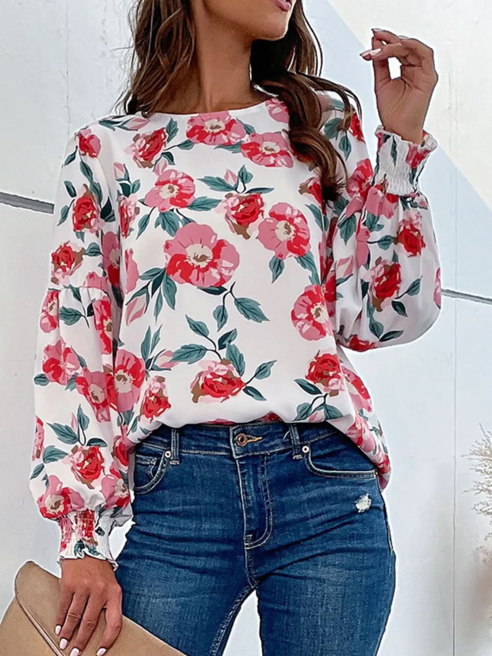 Floral Long Puff Sleeve Round Neck Blouse, image 4