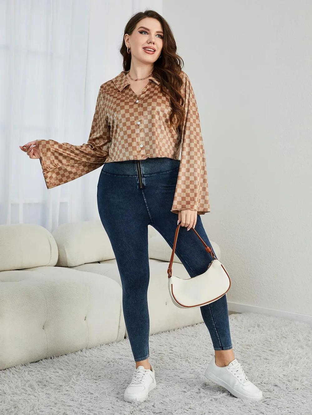 Plus Size Checkered Johnny Collar Flare Sleeve Shirt, image 6