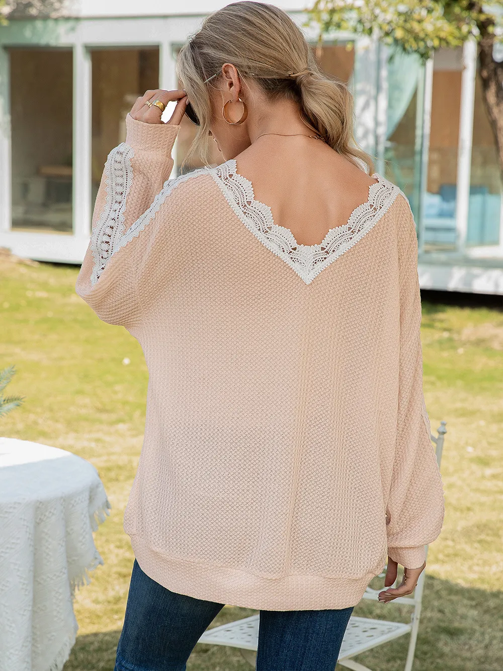 Contrast Spliced Lace V-Neck Top, image 6