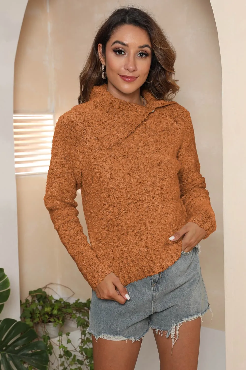 Asymmetrical Neck Long Sleeve Pullover Sweater, image 7