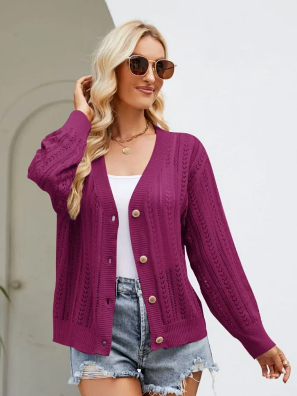 Button Down Ribbed Trim Cardigan, image 4