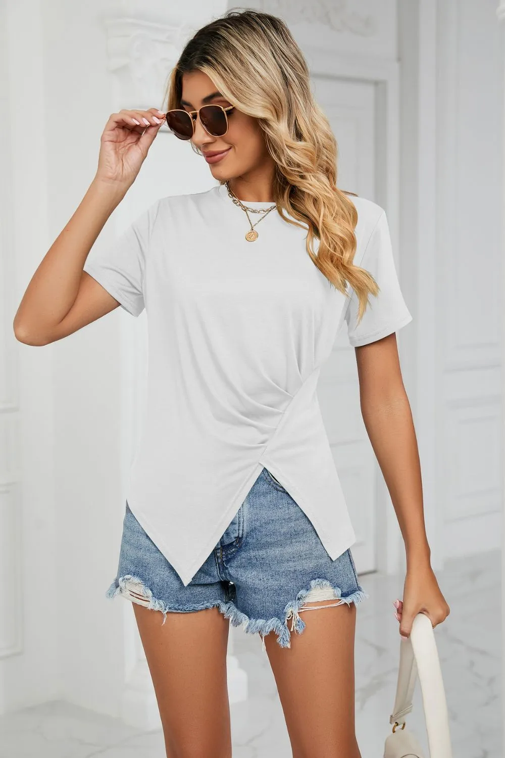 Ruched Hem Detail Crewneck T-Shirt, image 11