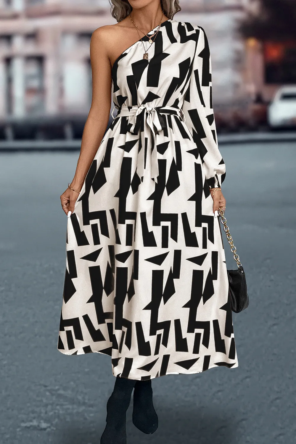 Printed One-Shoulder Tie Waist Dress, image 5