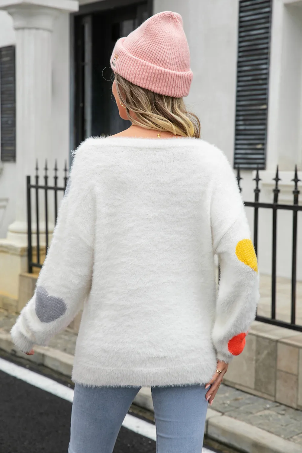 Heart Pattern Round Neck Long Sleeve Sweater, image 7