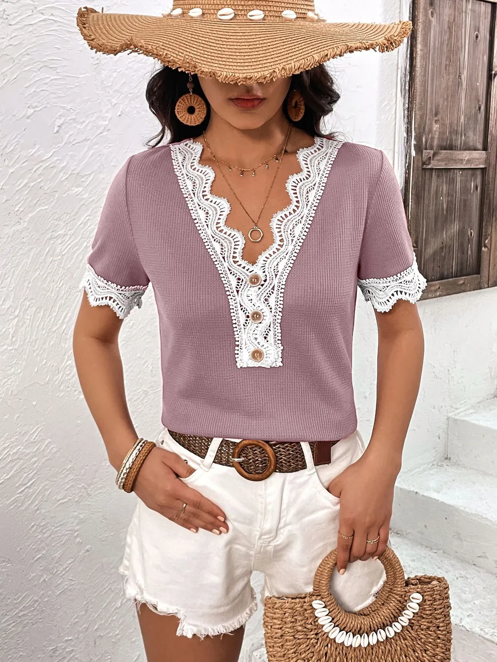 Decorative Button Spliced Lace Short Sleeve Top, image 2