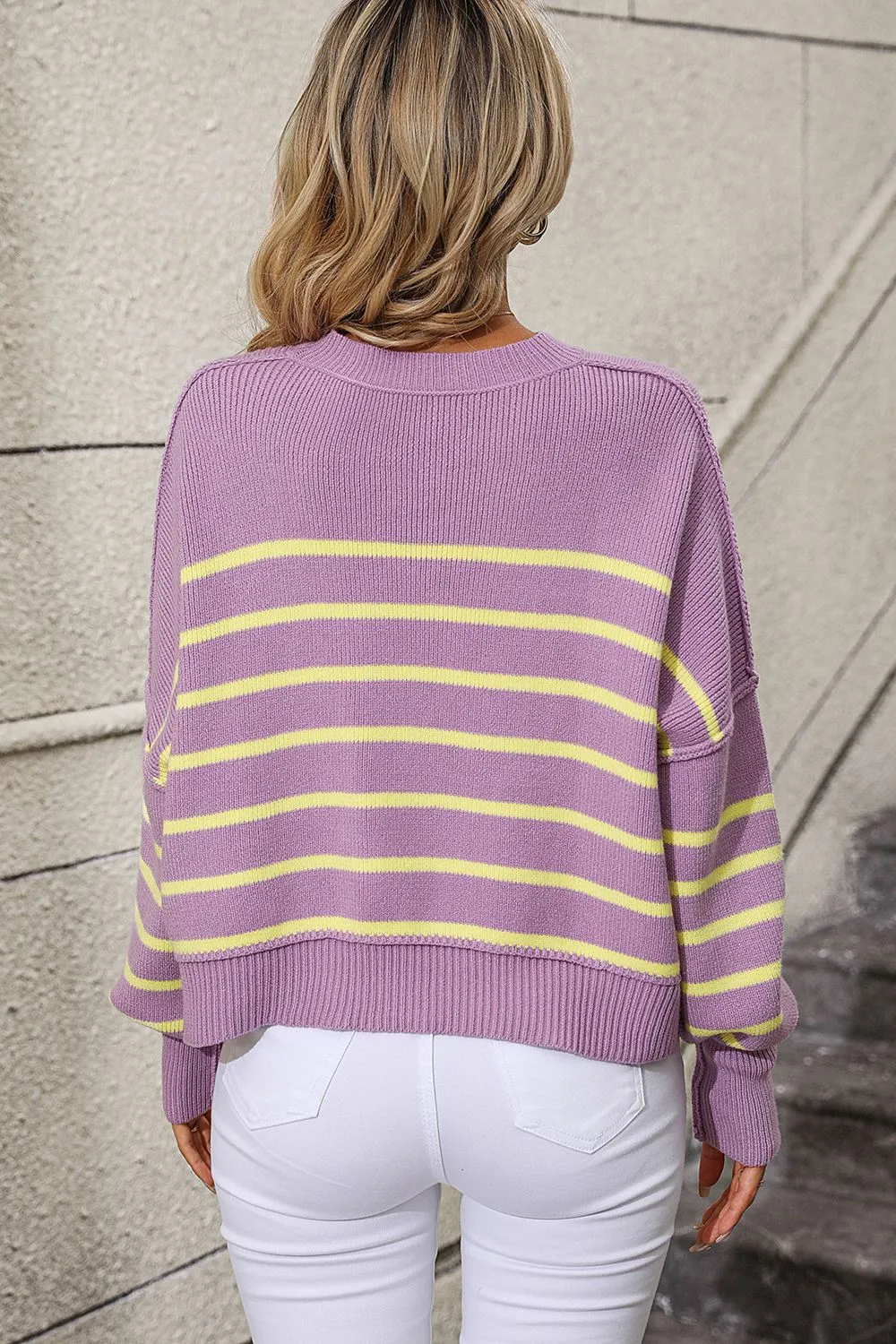 Striped Dropped Shoulder Round Neck Pullover Sweater, image 17