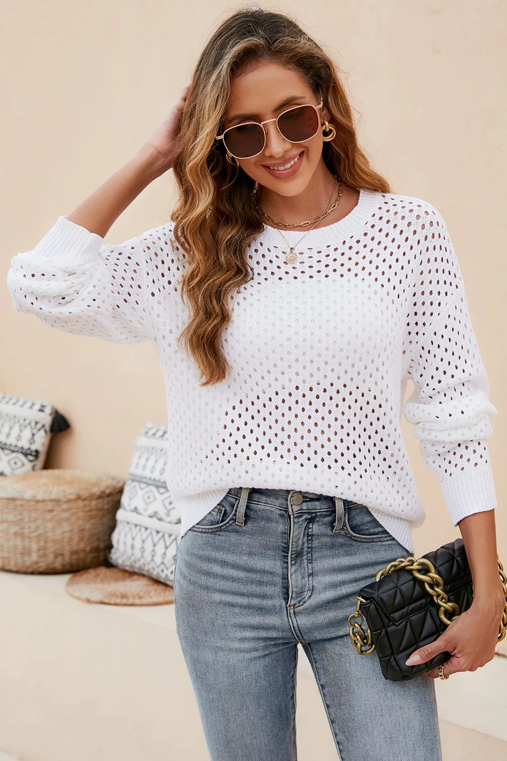 Round Neck Openwork Dropped Shoulder Knit Top, image 6