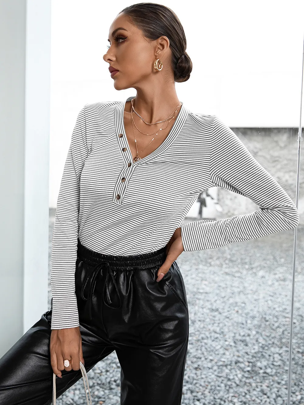 Striped Buttoned V-Neck Long Sleeve Top, image 5