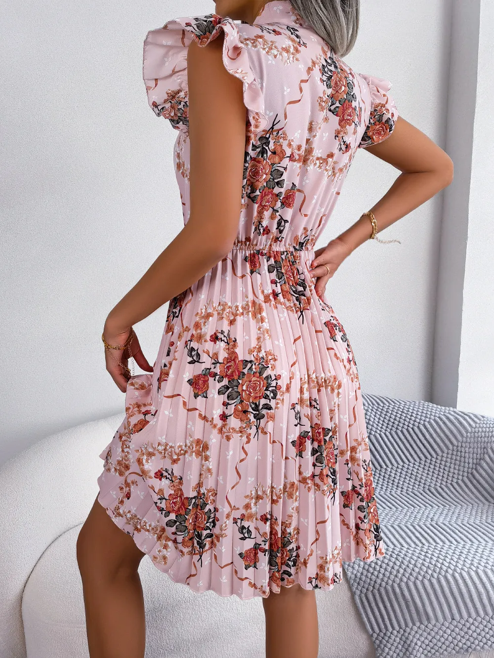 Pleated Floral Printed Tie Neck Knee Length Dress, image 4