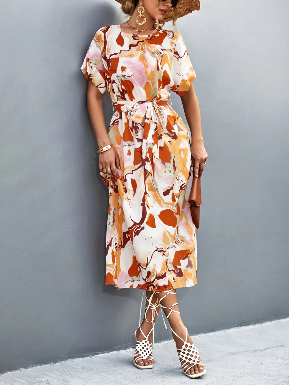 Round Neck Short Sleeve Tie Waist Midi Dress, image 5