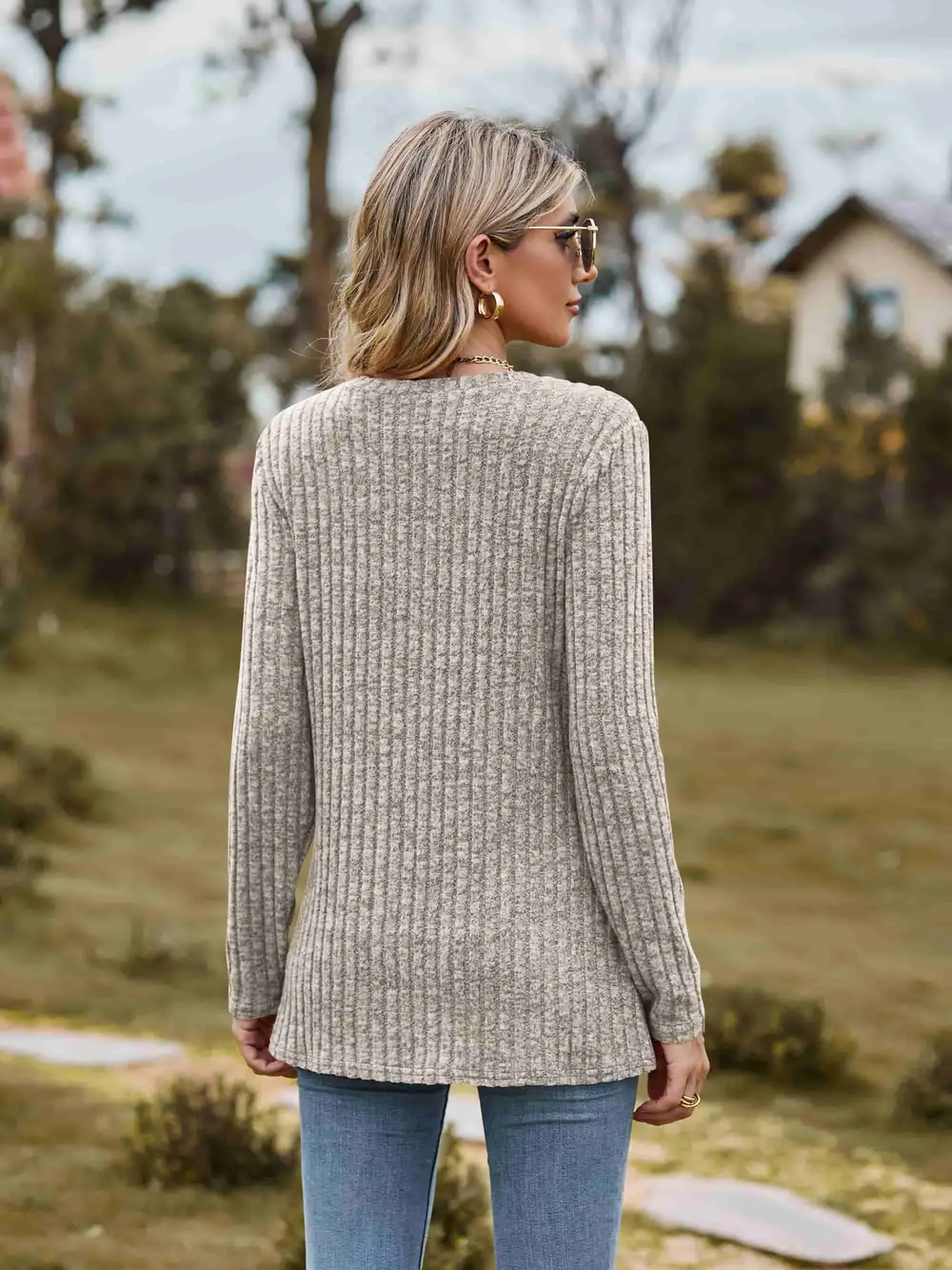 Ribbed Round Neck Long Sleeve Tee, image 13