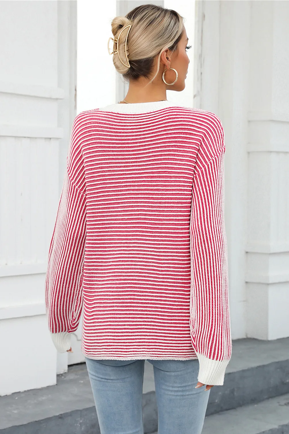 Striped Round Neck Long Sleeve Knit Top, image 5