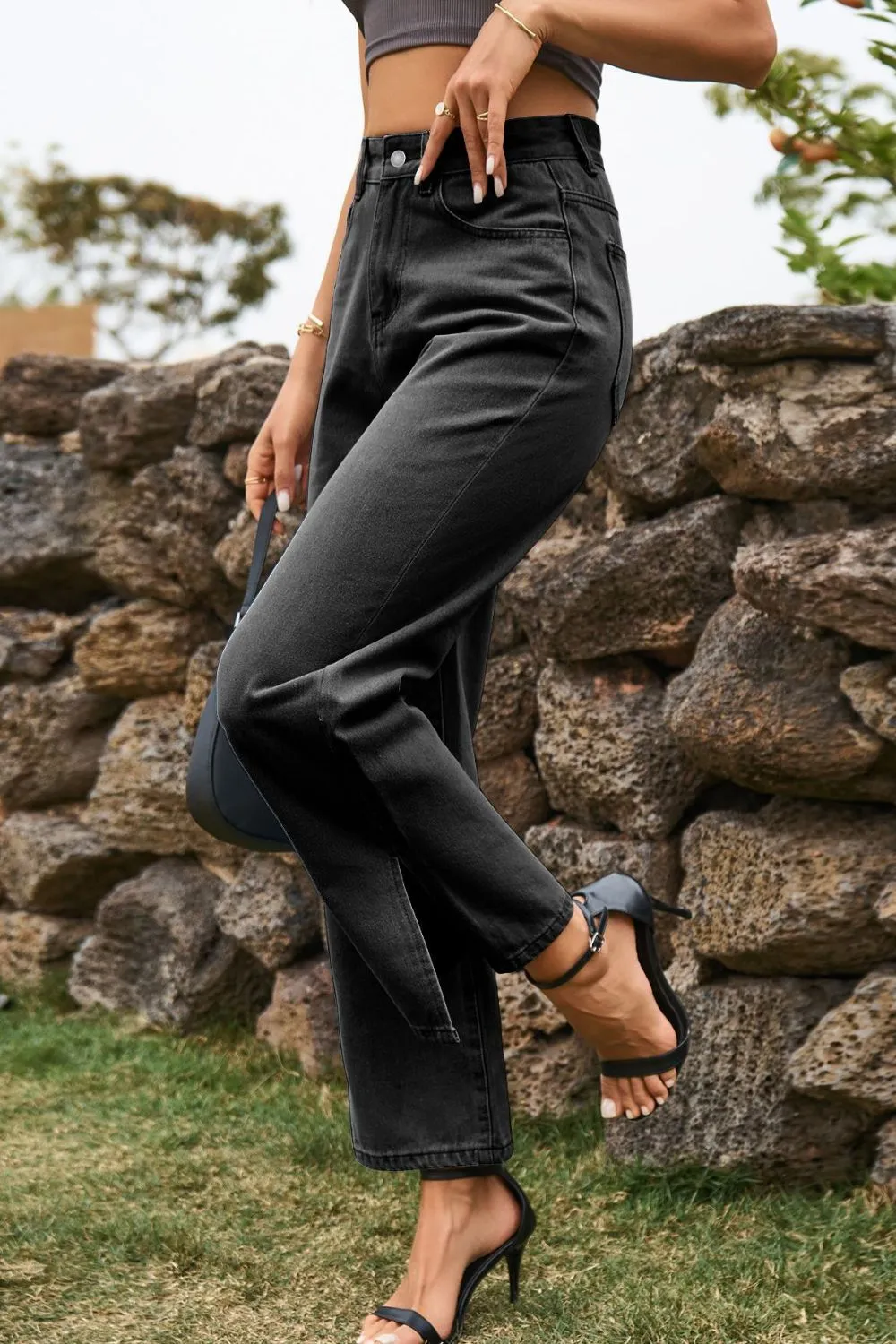 High Waist Loose Fit Ankle Slit Jeans, image 3