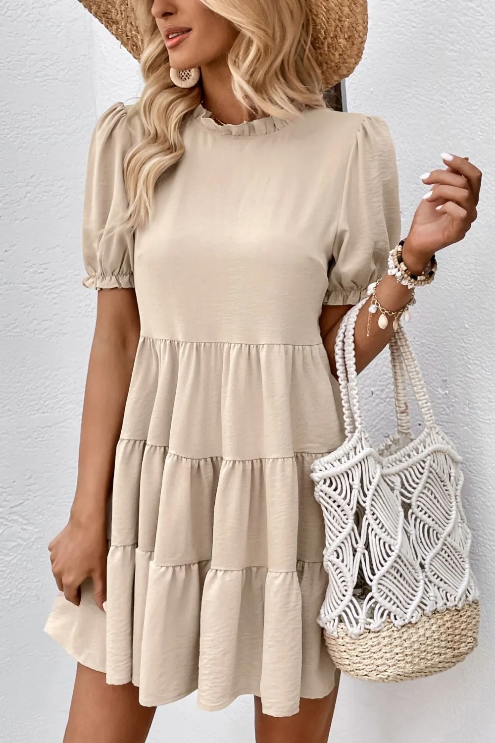 Puff Sleeve Tie Back Tiered Dress, image 4