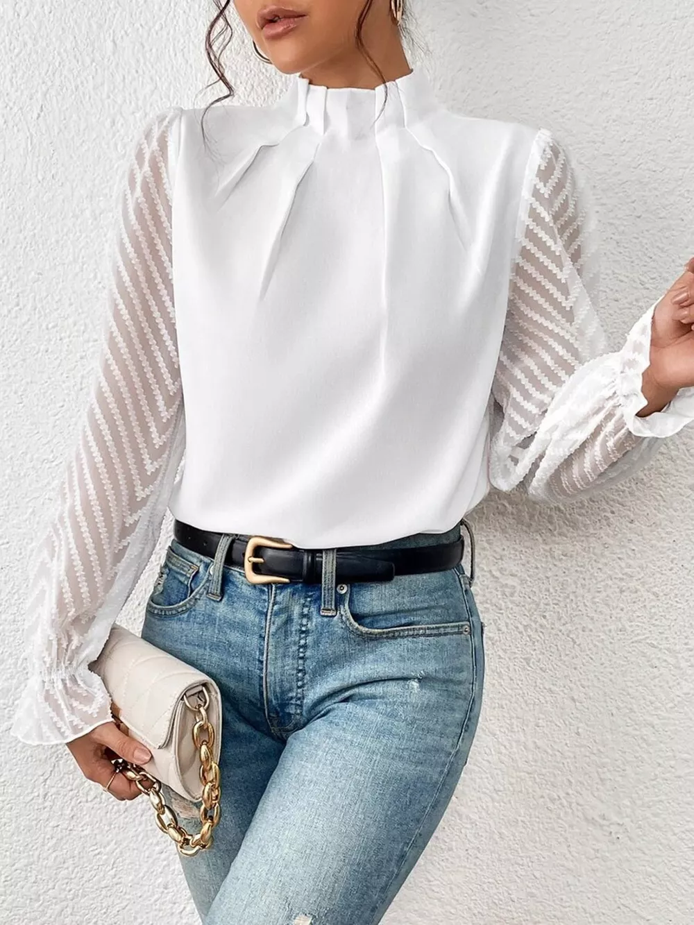 Mock Neck Flounce Sleeve Blouse, image 3