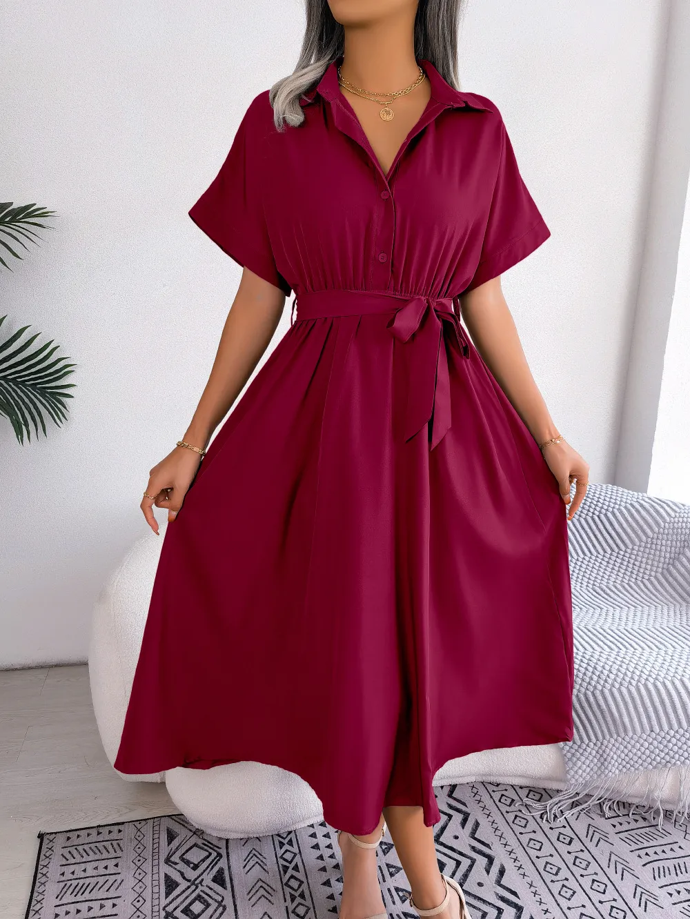 Short Sleeve Collared Tie Belt Dress, image 3