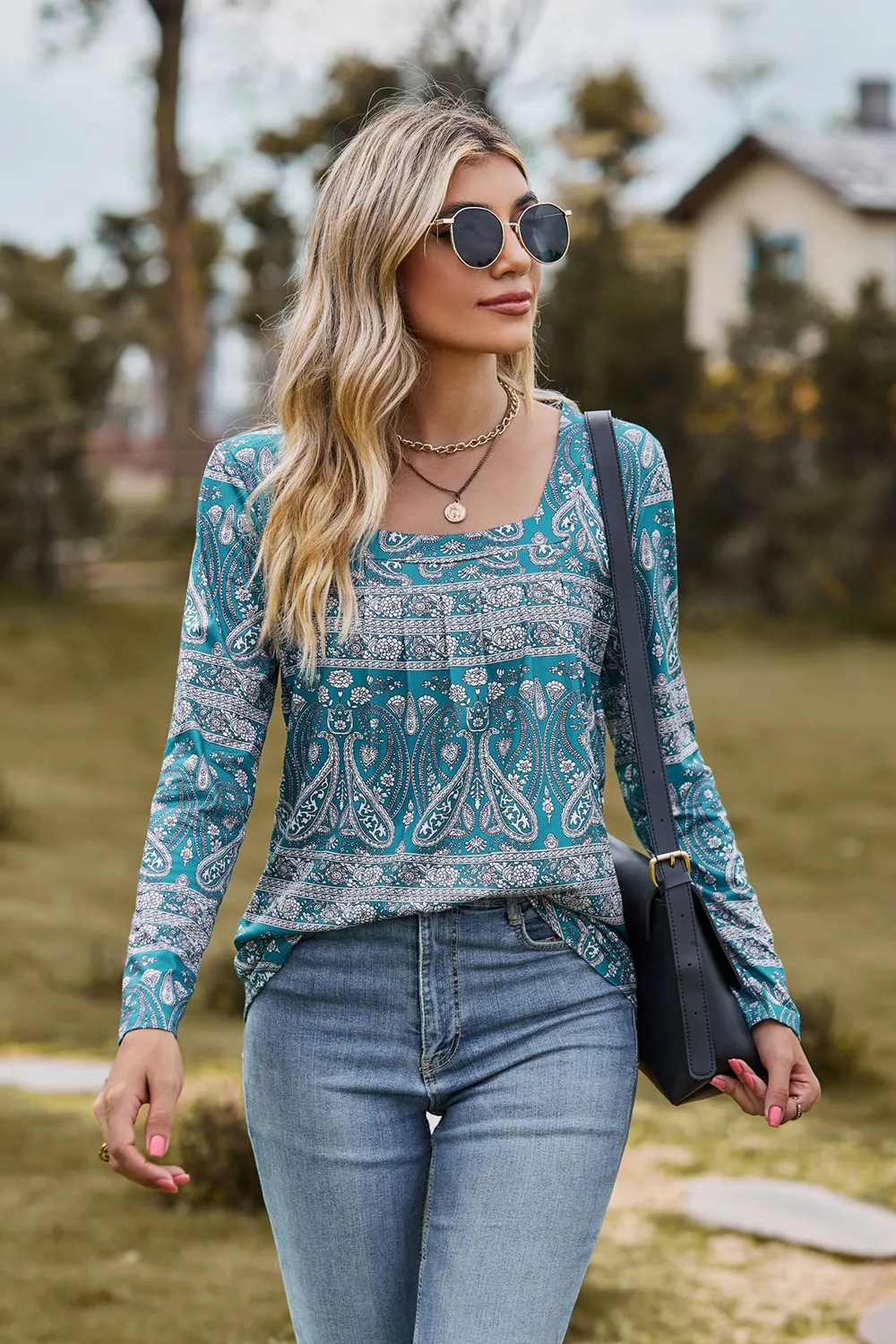 Printed Square Neck Long Sleeve Blouse, image 4