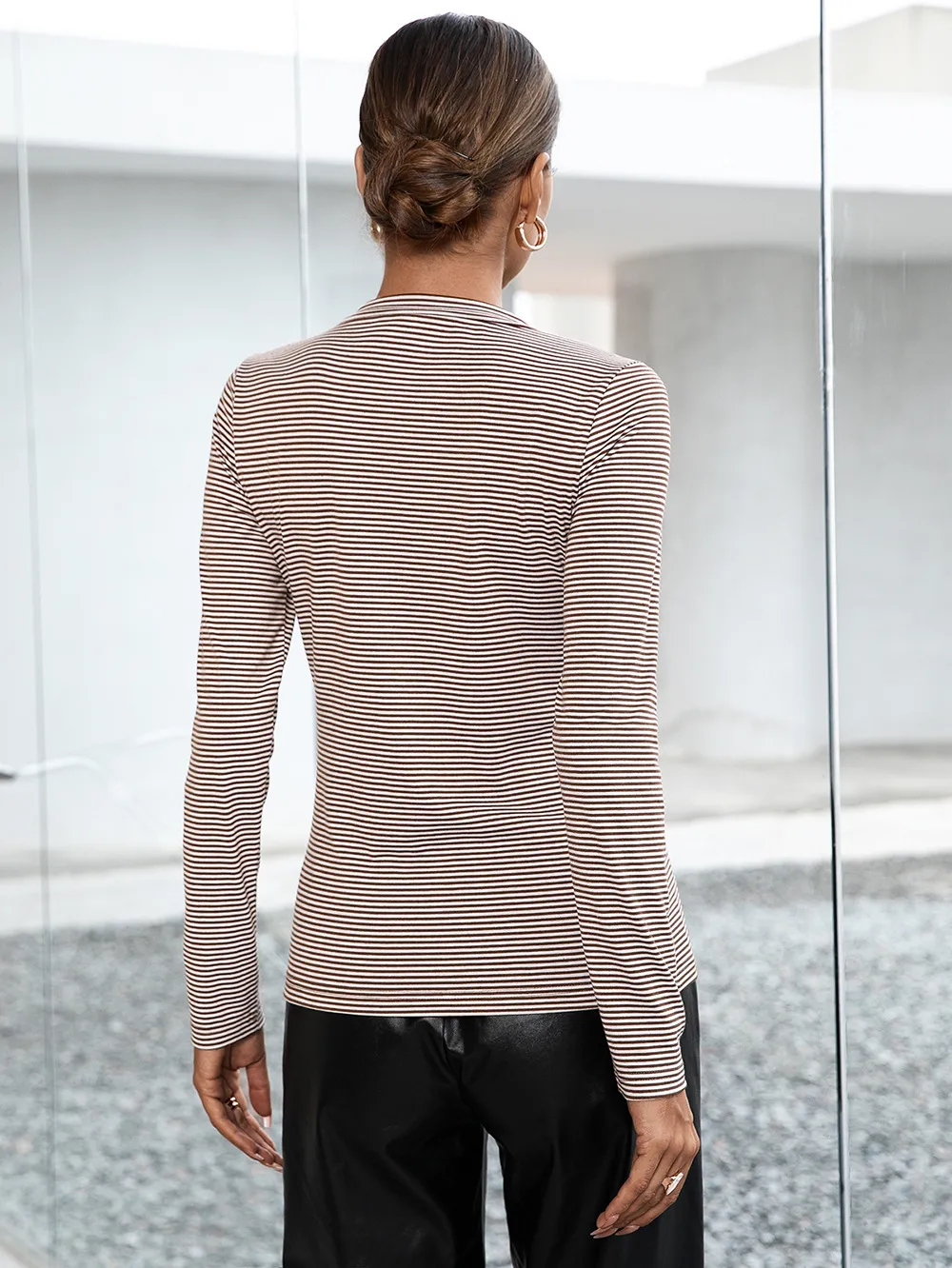 Striped Buttoned V-Neck Long Sleeve Top, image 9