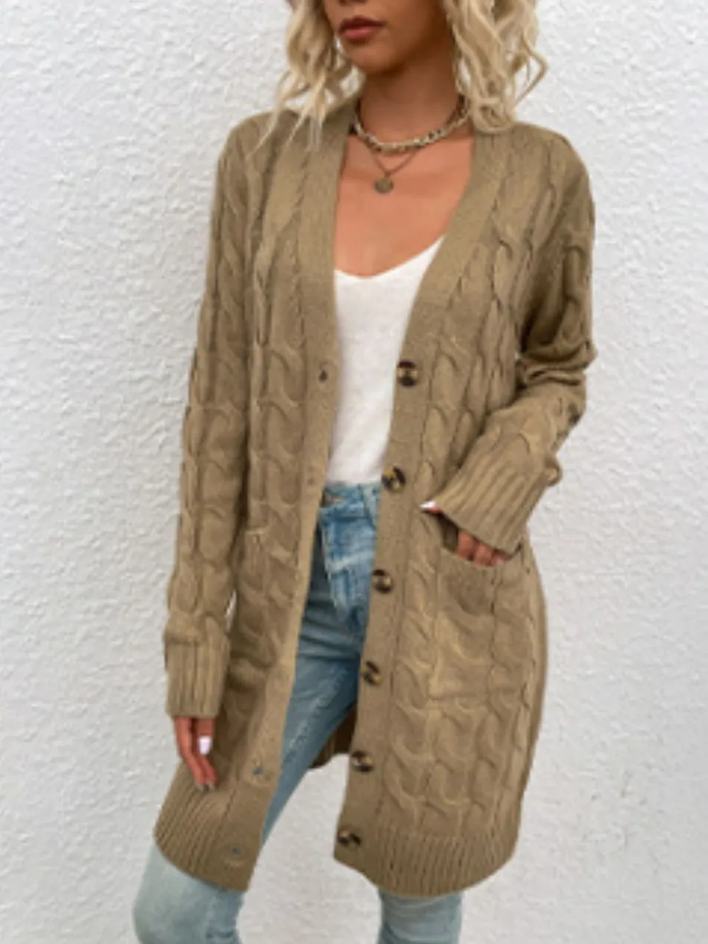 Cable-Knit Button Down Cardigan with Pockets, image 18