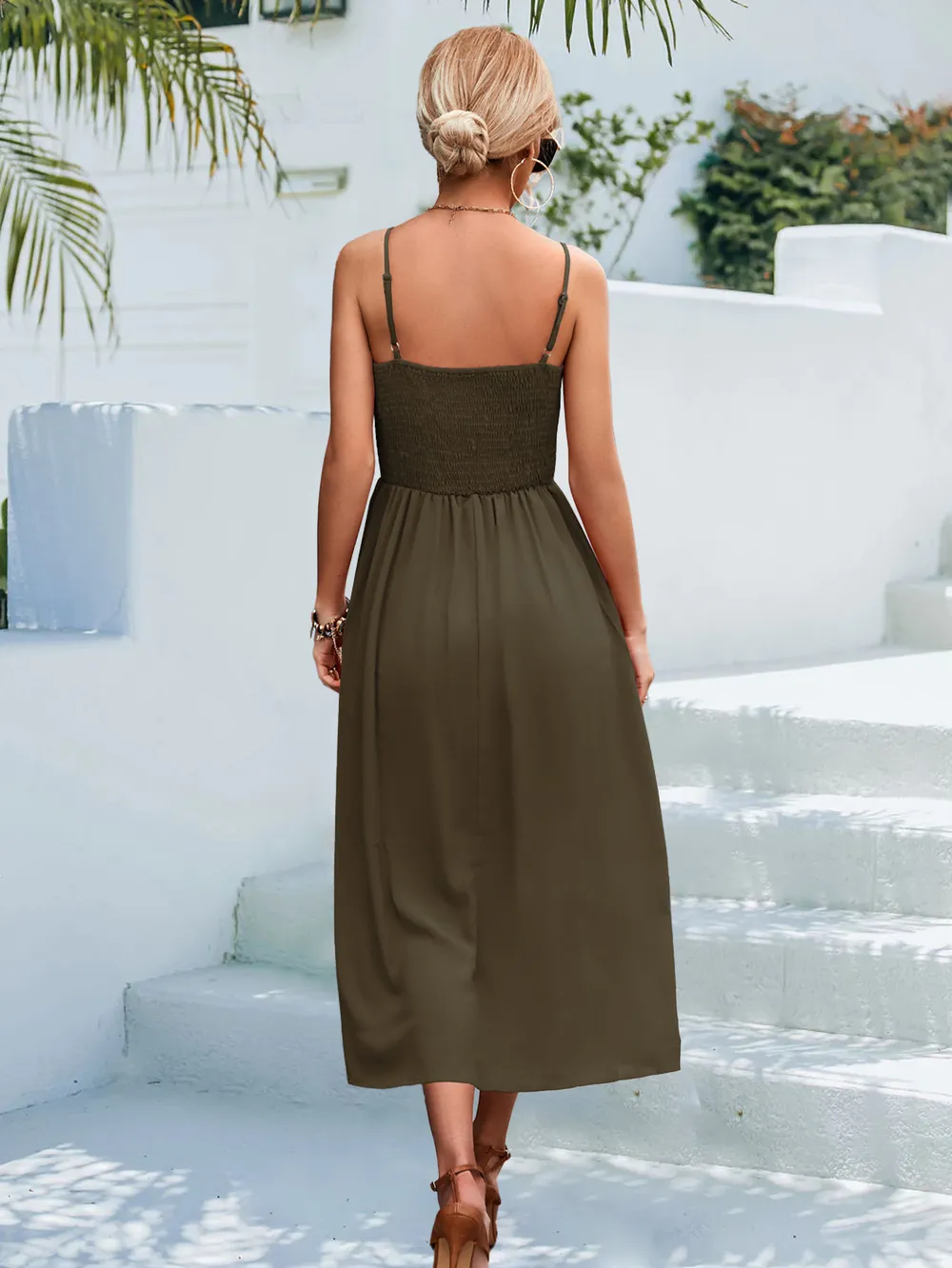 Decorative Button Spaghetti Strap Midi Dress, image 11