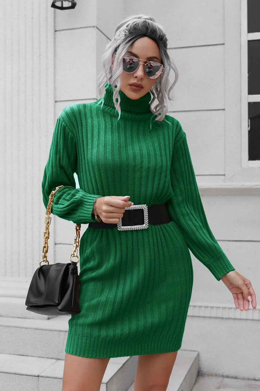 Ribbed Turtle Neck Long Sleeve Mini Sweater Dress, image 4