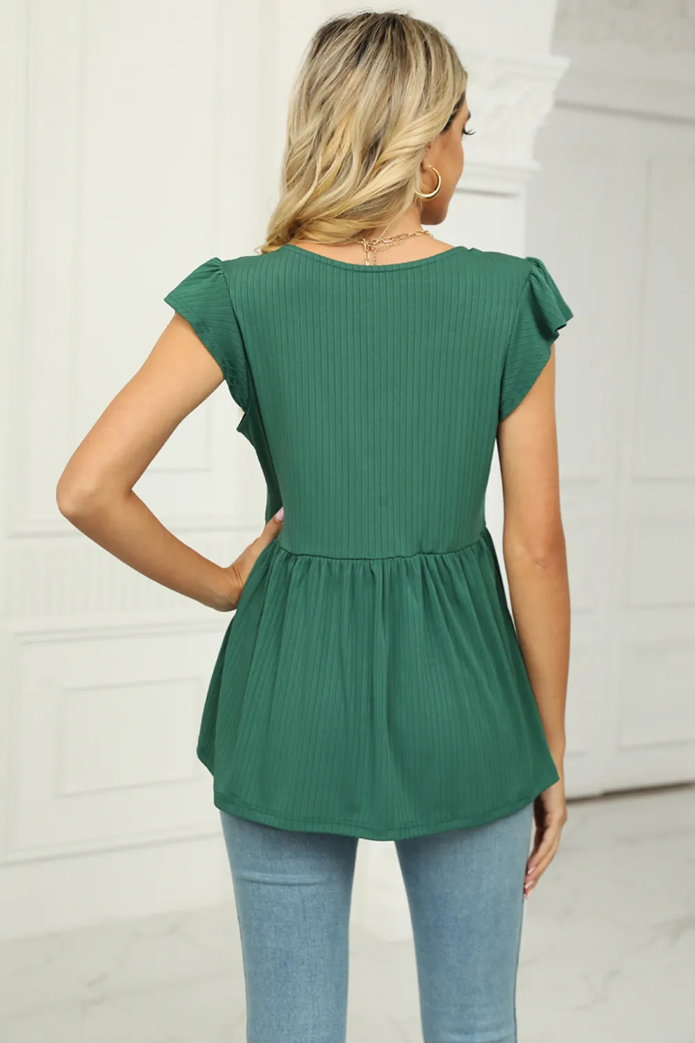 V-Neck Flutter Sleeve Babydoll Blouse, image 12