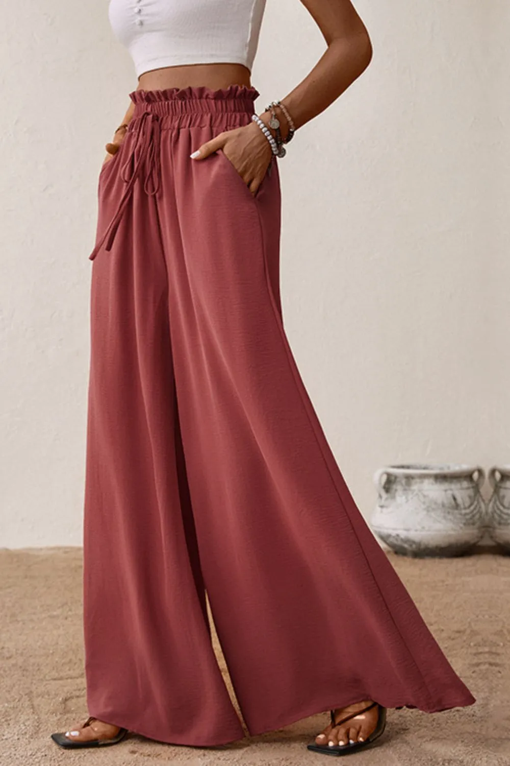 Smocked Paperbag Waist Wide Leg Pants, image 3