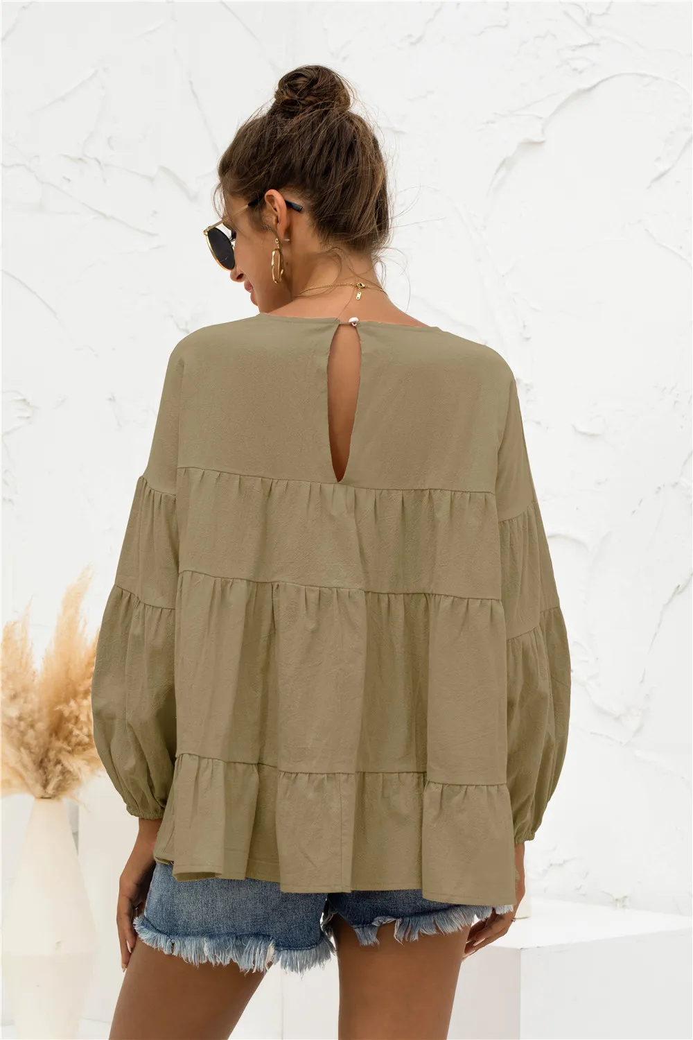 Round Neck Bubble Sleeve Tiered Blouse, image 4