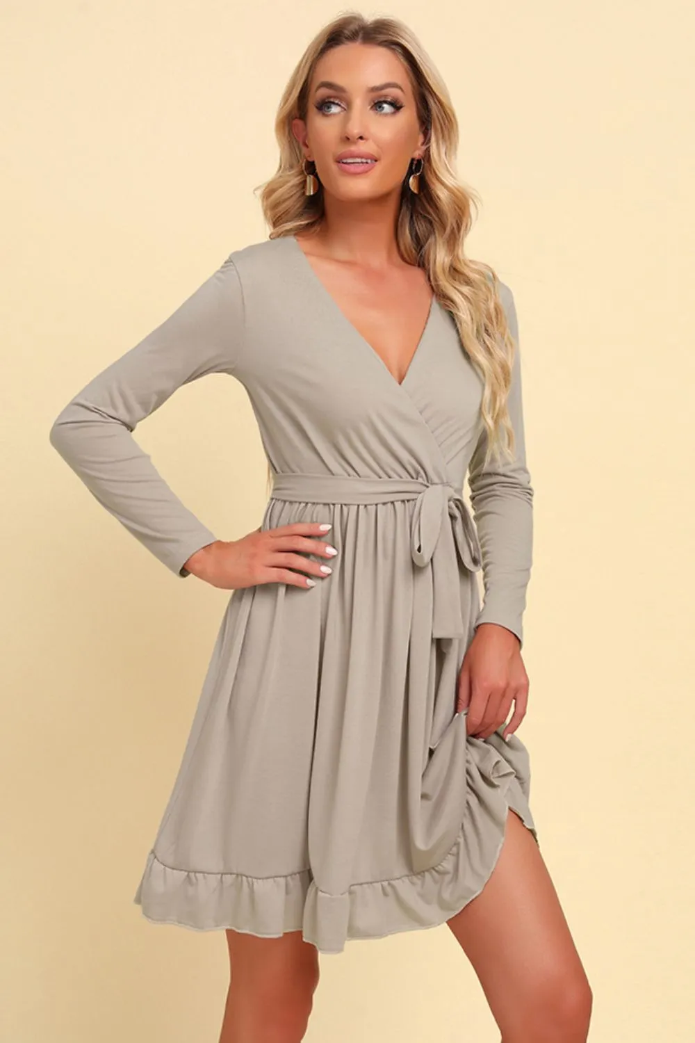 Long Sleeve Tie Waist Ruffle Hem Dress, image 3