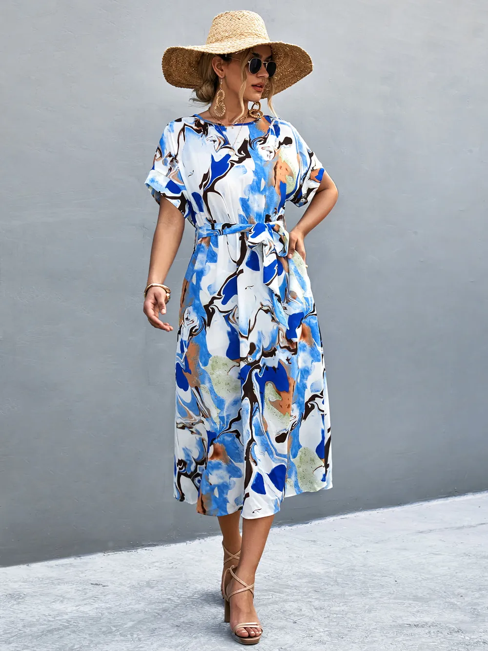 Round Neck Short Sleeve Tie Waist Midi Dress, image 6