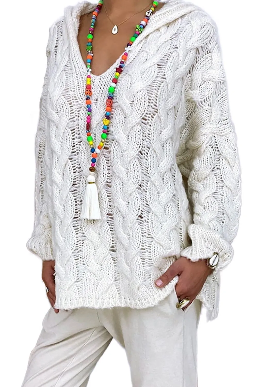 Cable-Knit Hooded Sweater, image 7
